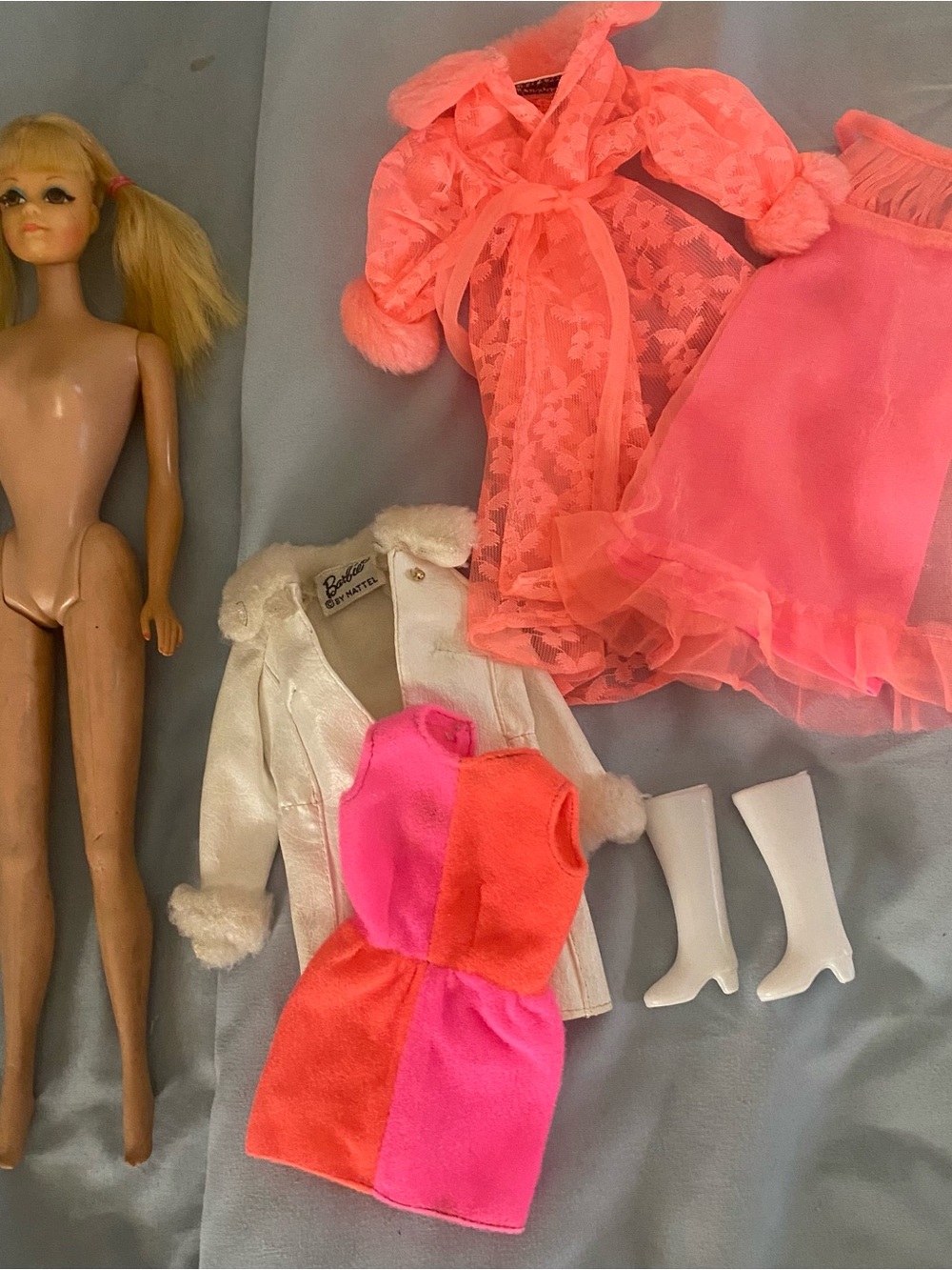 Vintage Barbie Doll PJ with small vintage labeled clothes lot